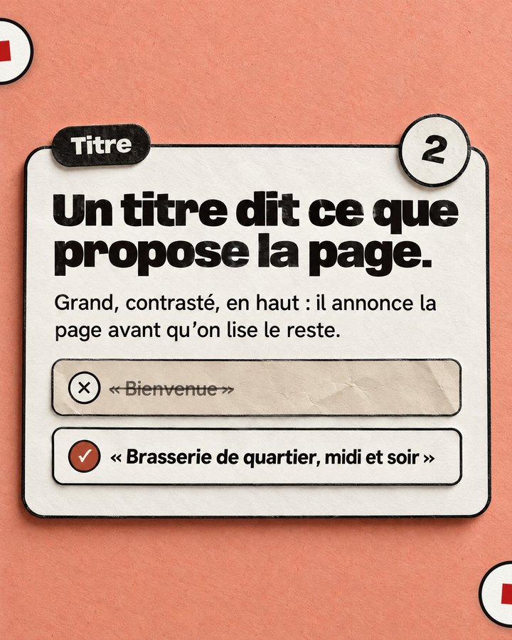 Titre. Un titre dit ce que propose la page. Grand, contrasté, en haut : il annonce la page avant qu’on lise le reste. Barré : « Bienvenue ». Validé : « Brasserie de quartier, midi et soir ».