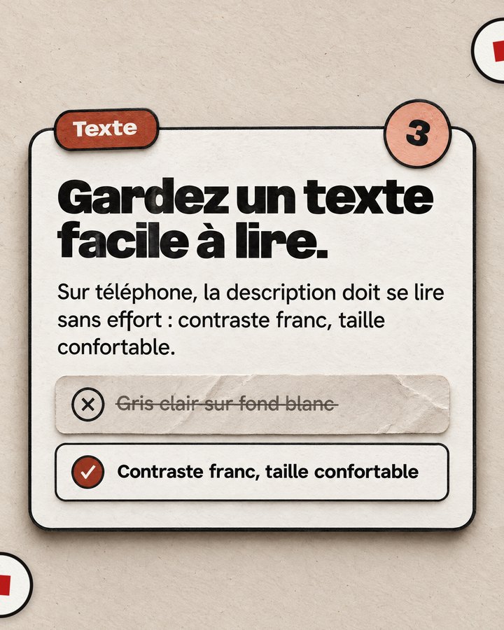 Texte. Gardez un texte facile à lire. Sur téléphone, la description doit se lire sans effort : contraste franc, taille confortable. Barré : « Gris clair sur fond blanc ».