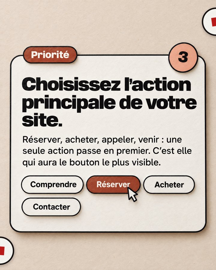 Priorité. Choisissez l’action principale de votre site. Réserver, acheter, appeler, venir : une seule action passe en premier. C’est elle qui aura le bouton le plus visible.