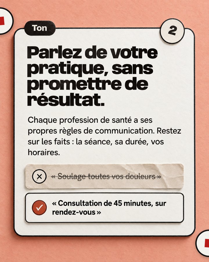 Ton. Parlez de votre pratique, sans promettre de résultat. Chaque profession de santé a ses propres règles de communication. Restez sur les faits : la séance, sa durée, vos horaires. Barré : « Soulage toutes vos douleurs ». Validé : « Consultation de 45 minutes, sur rendez-vous ».