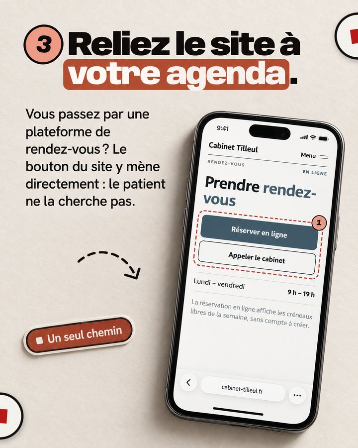 Reliez le site à votre agenda. Vous passez par une plateforme de rendez-vous ? Le bouton du site y mène directement : le patient ne la cherche pas. Un téléphone affiche le site d’un cabinet d’ostéopathie imaginé pour l’exemple.