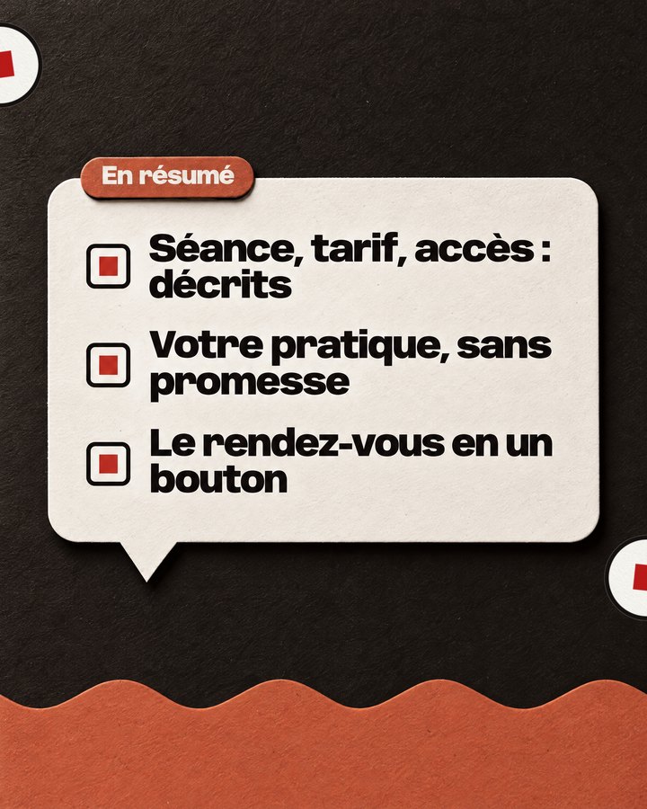 En résumé. Séance, tarif, accès : décrits. Votre pratique, sans promesse. Le rendez-vous en un bouton.