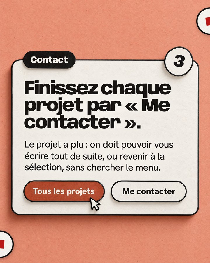 Contact. Finissez chaque projet par « Me contacter ». Le projet a plu : on doit pouvoir vous écrire tout de suite, ou revenir à la sélection, sans chercher le menu.