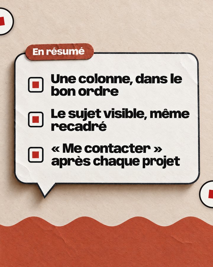 En résumé. Une colonne, dans le bon ordre. Le sujet visible, même recadré. « Me contacter » après chaque projet.
