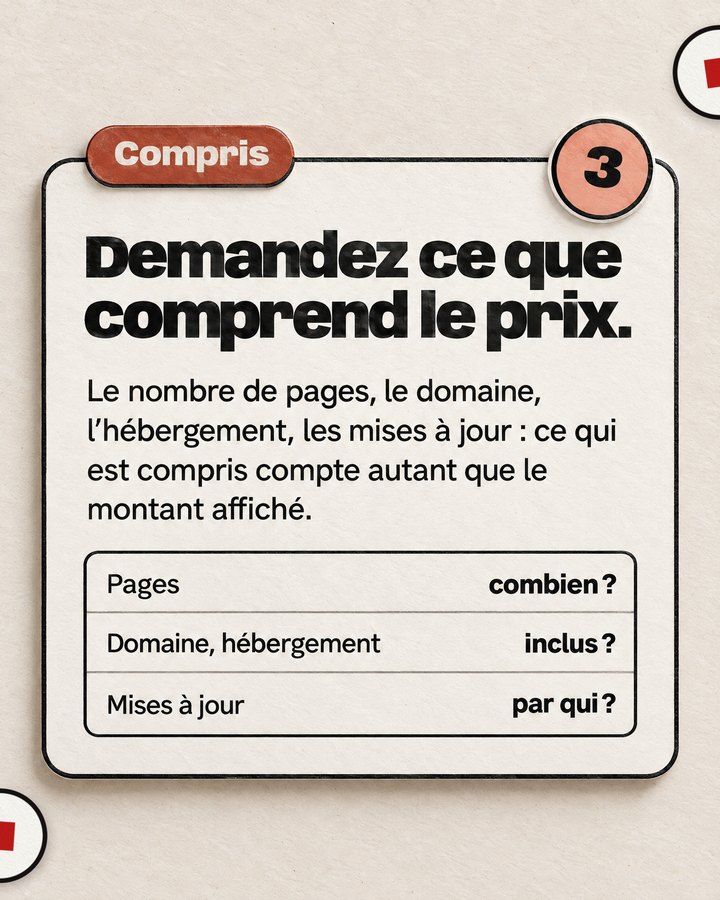 Compris. Demandez ce que comprend le prix. Le nombre de pages, le domaine, l’hébergement, les mises à jour : ce qui est compris compte autant que le montant affiché.