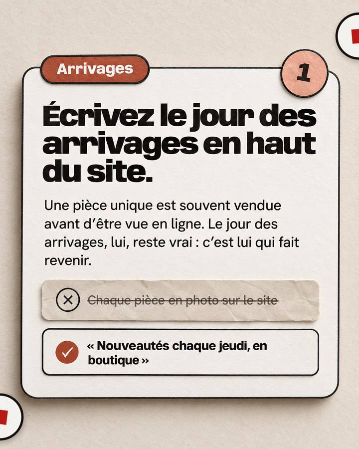 Arrivages. Écrivez le jour des arrivages en haut du site. Une pièce unique est souvent vendue avant d’être vue en ligne. Le jour des arrivages, lui, reste vrai : c’est lui qui fait revenir. Barré : « Chaque pièce en photo sur le site ». Validé : « Nouveautés chaque jeudi, en boutique ».