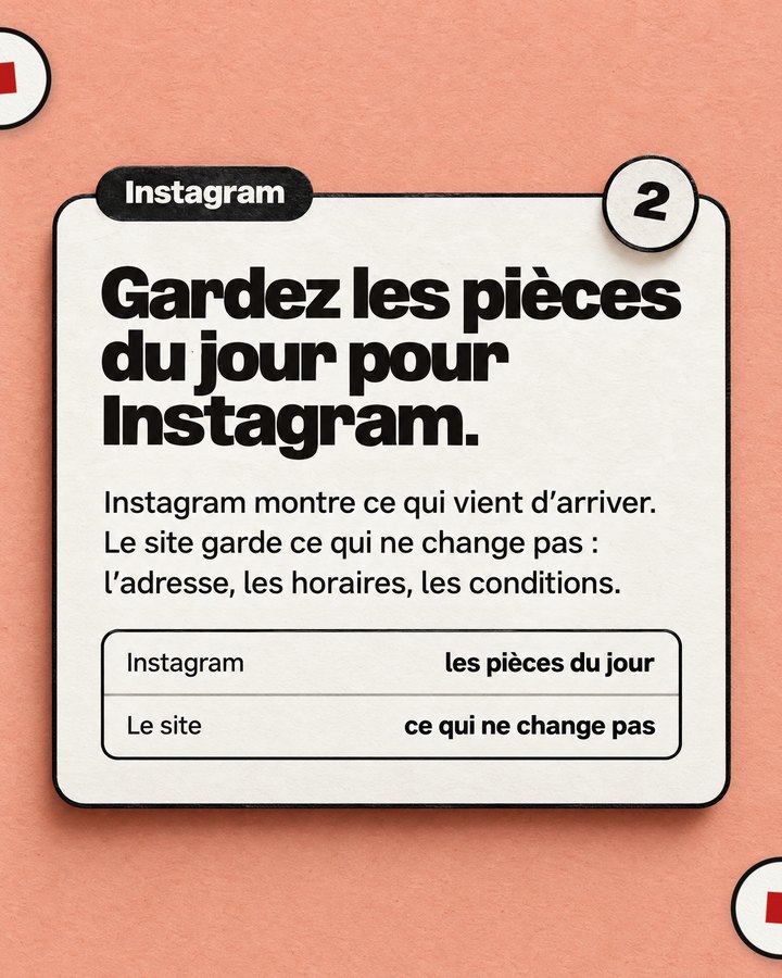Instagram. Gardez les pièces du jour pour Instagram. Instagram montre ce qui vient d’arriver. Le site garde ce qui ne change pas : l’adresse, les horaires, les conditions.