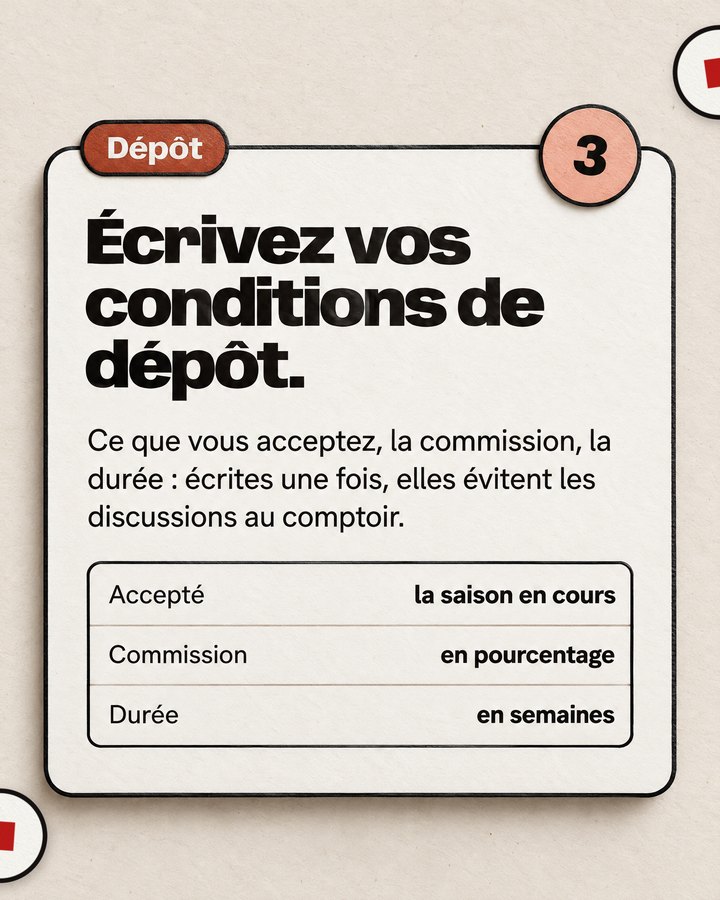 Dépôt. Écrivez vos conditions de dépôt. Ce que vous acceptez, la commission, la durée : écrites une fois, elles évitent les discussions au comptoir.