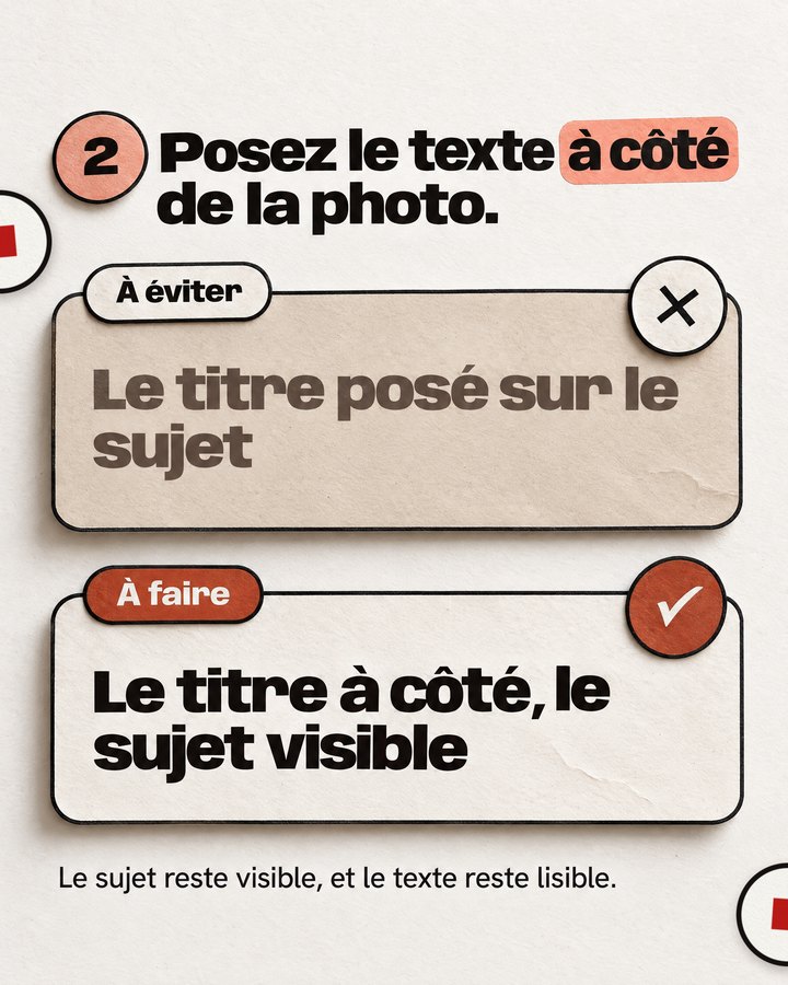 Posez le texte à côté de la photo. Le sujet reste visible, et le texte reste lisible. À éviter : Le titre posé sur le sujet. À faire : Le titre à côté, le sujet visible.