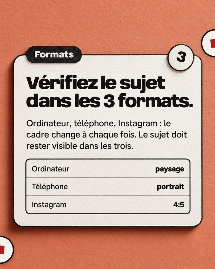Formats. Vérifiez le sujet dans les 3 formats. Ordinateur, téléphone, Instagram : le cadre change à chaque fois. Le sujet doit rester visible dans les trois.