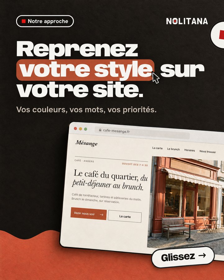 Reprenez votre style sur votre site. Vos couleurs, vos mots, vos priorités. Un écran d’ordinateur affiche le site d’un café de quartier imaginé pour l’exemple.