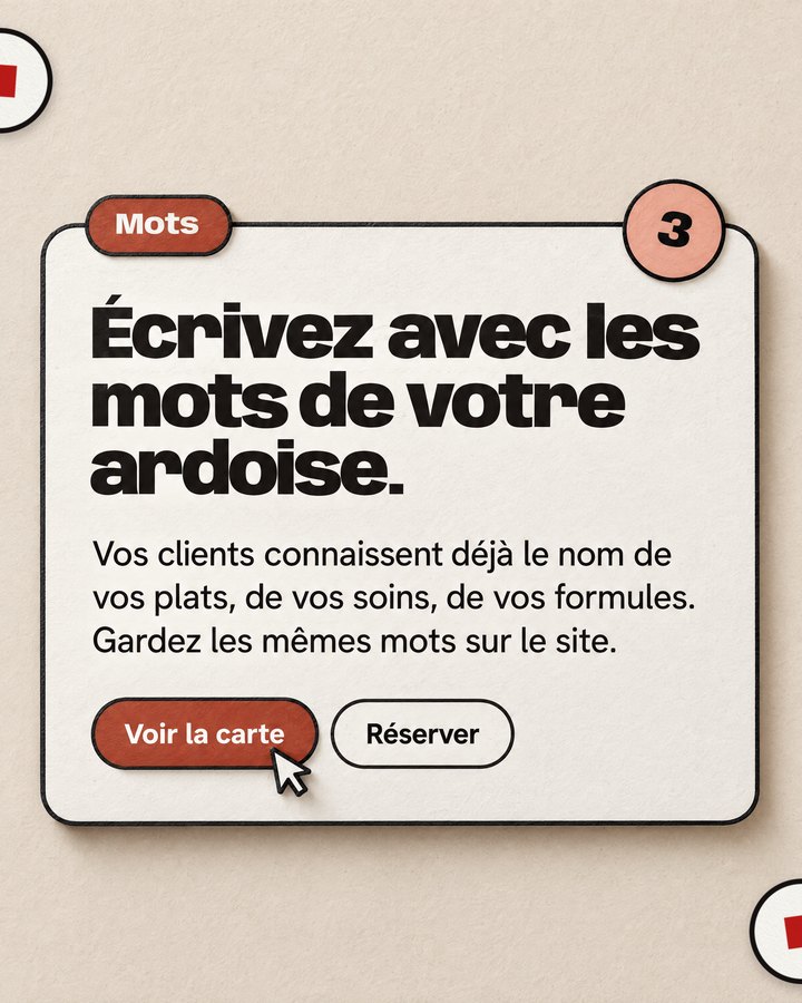 Mots. Écrivez avec les mots de votre ardoise. Vos clients connaissent déjà le nom de vos plats, de vos soins, de vos formules. Gardez les mêmes mots sur le site.
