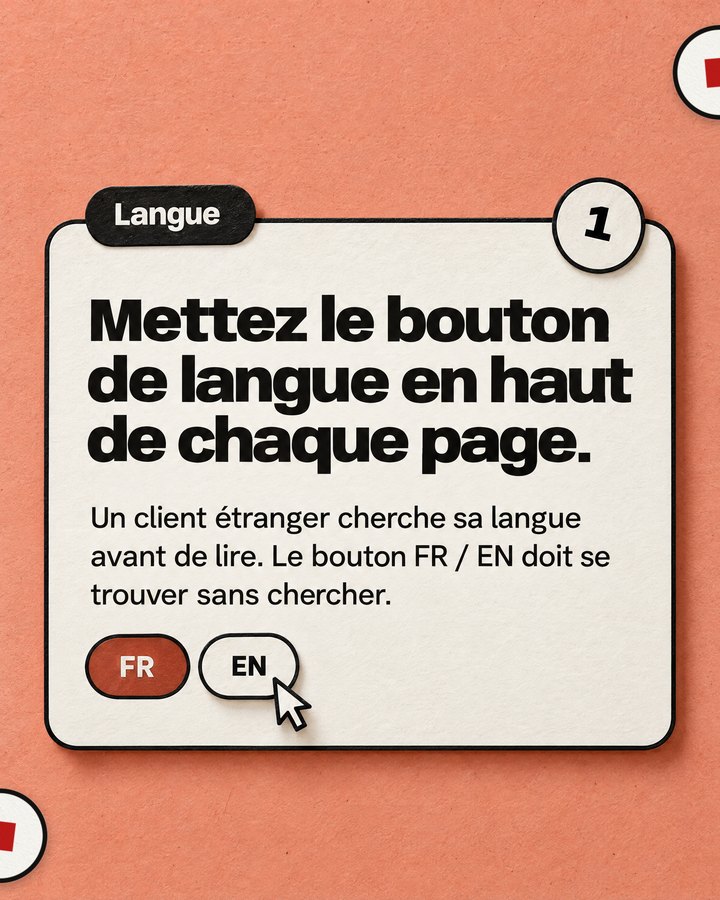 Langue. Mettez le bouton de langue en haut de chaque page. Un client étranger cherche sa langue avant de lire. Le bouton FR / EN doit se trouver sans chercher.