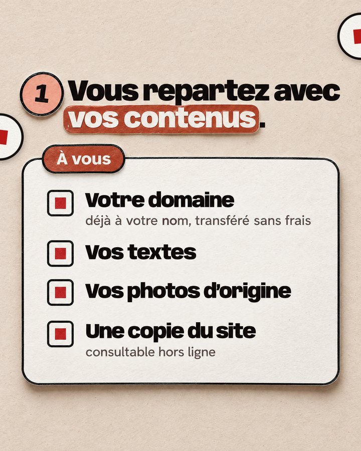 Vous repartez avec vos contenus. À vous. Votre domaine — déjà à votre nom, transféré sans frais. Vos textes. Vos photos d’origine. Une copie du site — consultable hors ligne.