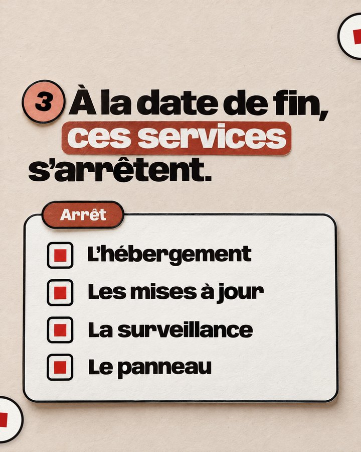 À la date de fin, ces services s’arrêtent. Arrêt. L’hébergement. Les mises à jour. La surveillance. Le panneau.