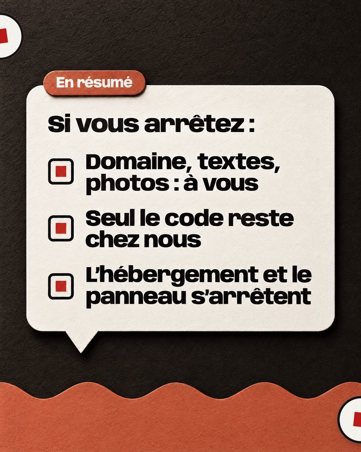 En résumé. Si vous arrêtez : Domaine, textes, photos : à vous. Seul le code reste chez nous. L’hébergement et le panneau s’arrêtent.