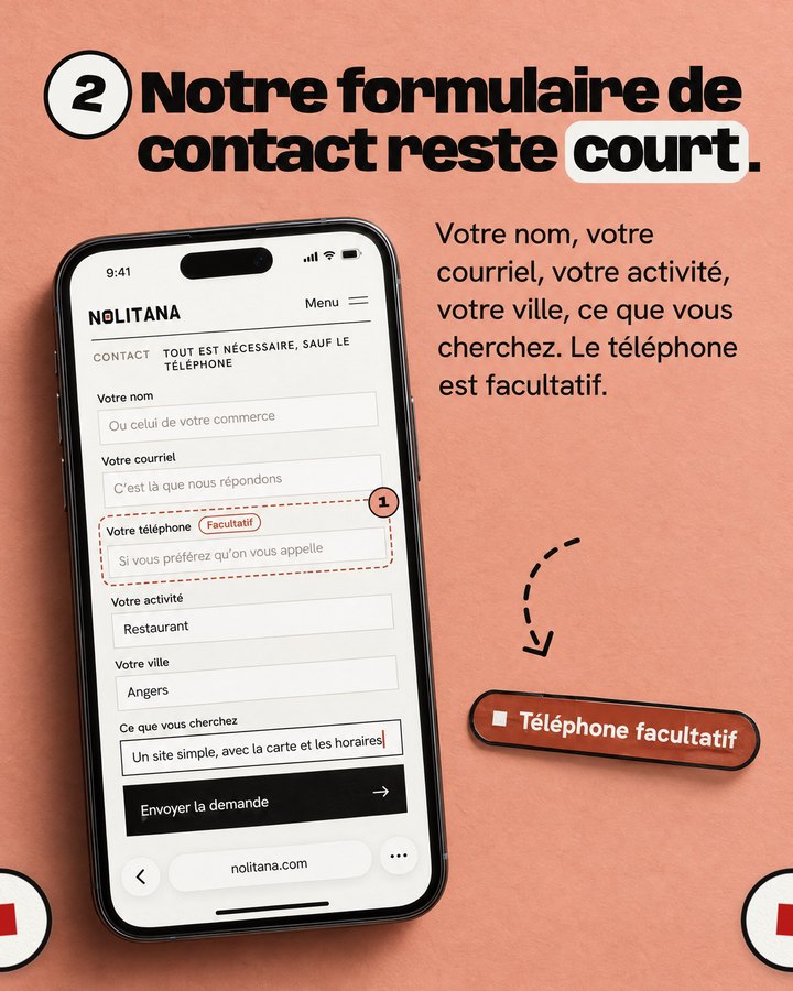 Notre formulaire de contact reste court. Votre nom, votre courriel, votre activité, votre ville, ce que vous cherchez. Le téléphone est facultatif. Un téléphone affiche le formulaire de contact de nolitana.com.