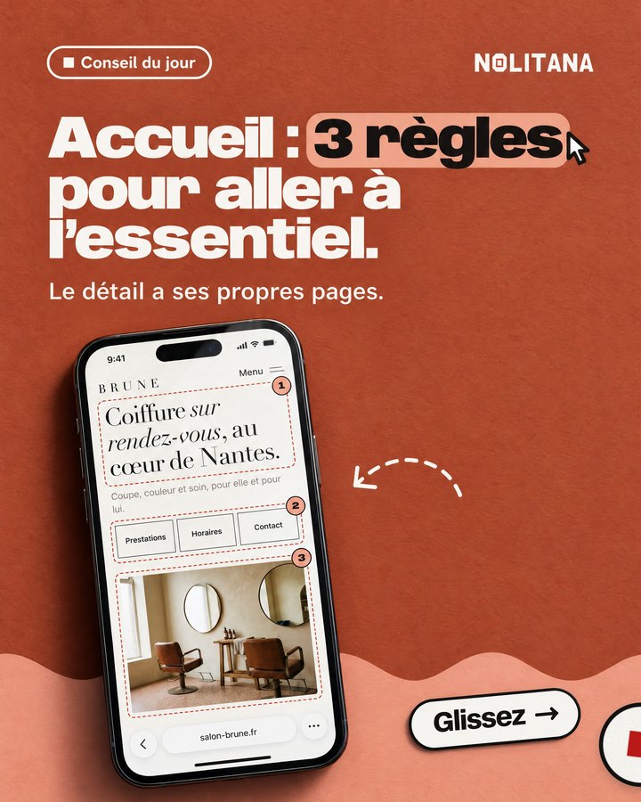 Accueil : 3 règles pour aller à l’essentiel. Le détail a ses propres pages. Un téléphone affiche le site d’un salon de coiffure imaginé pour l’exemple.