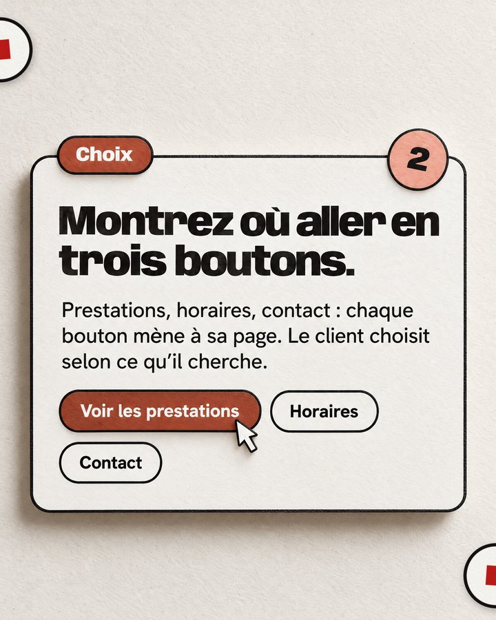 Choix. Montrez où aller en trois boutons. Prestations, horaires, contact : chaque bouton mène à sa page. Le client choisit selon ce qu’il cherche.