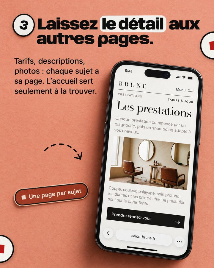Laissez le détail aux autres pages. Tarifs, descriptions, photos : chaque sujet a sa page. L’accueil sert seulement à la trouver. Un téléphone affiche le site d’un salon de coiffure imaginé pour l’exemple.