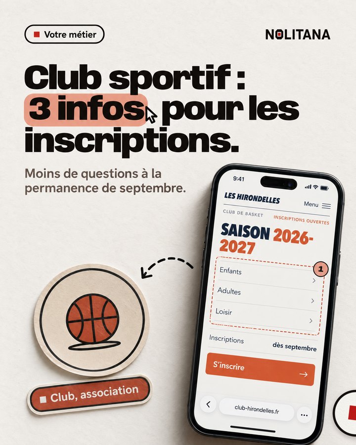 Club sportif : 3 infos pour les inscriptions. Moins de questions à la permanence de septembre. Un téléphone affiche le site d’un club de basket imaginé pour l’exemple.