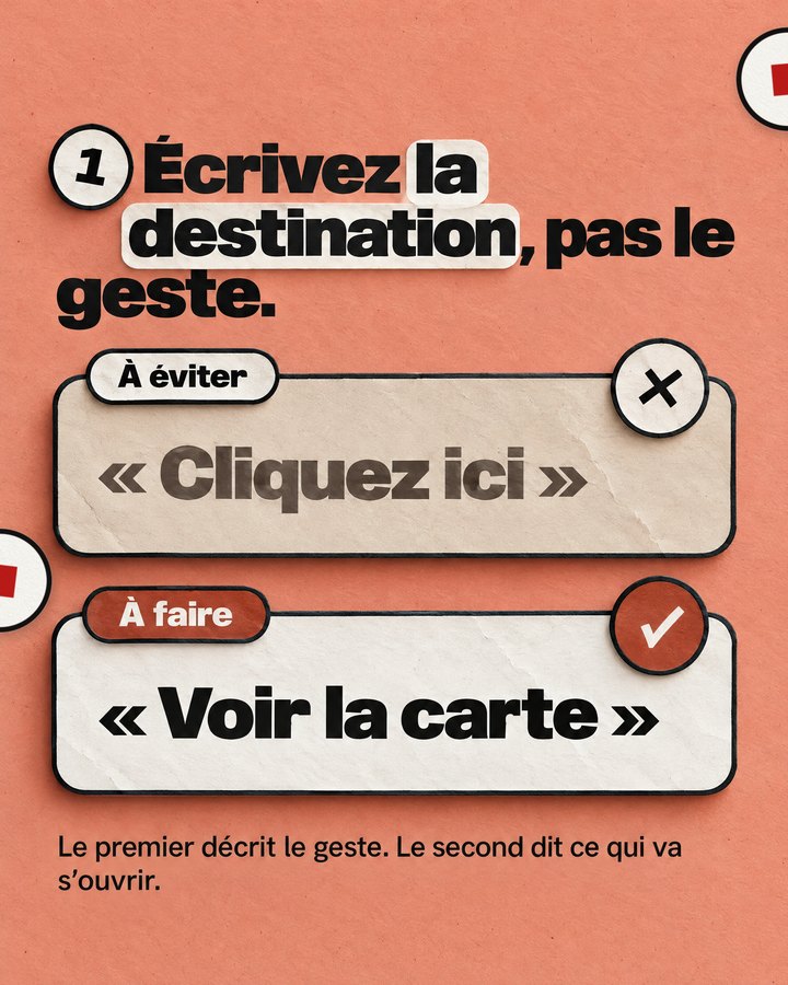 Écrivez la destination, pas le geste. Le premier décrit le geste. Le second dit ce qui va s’ouvrir. À éviter : « Cliquez ici ». À faire : « Voir la carte ».