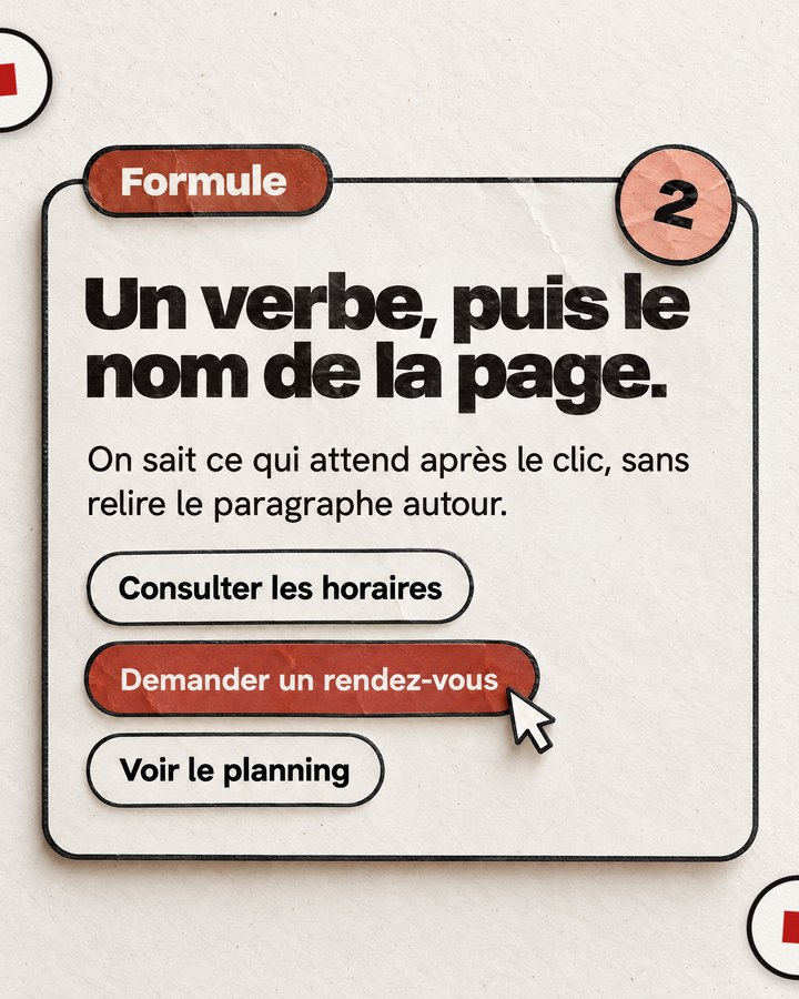 Formule. Un verbe, puis le nom de la page. On sait ce qui attend après le clic, sans relire le paragraphe autour.