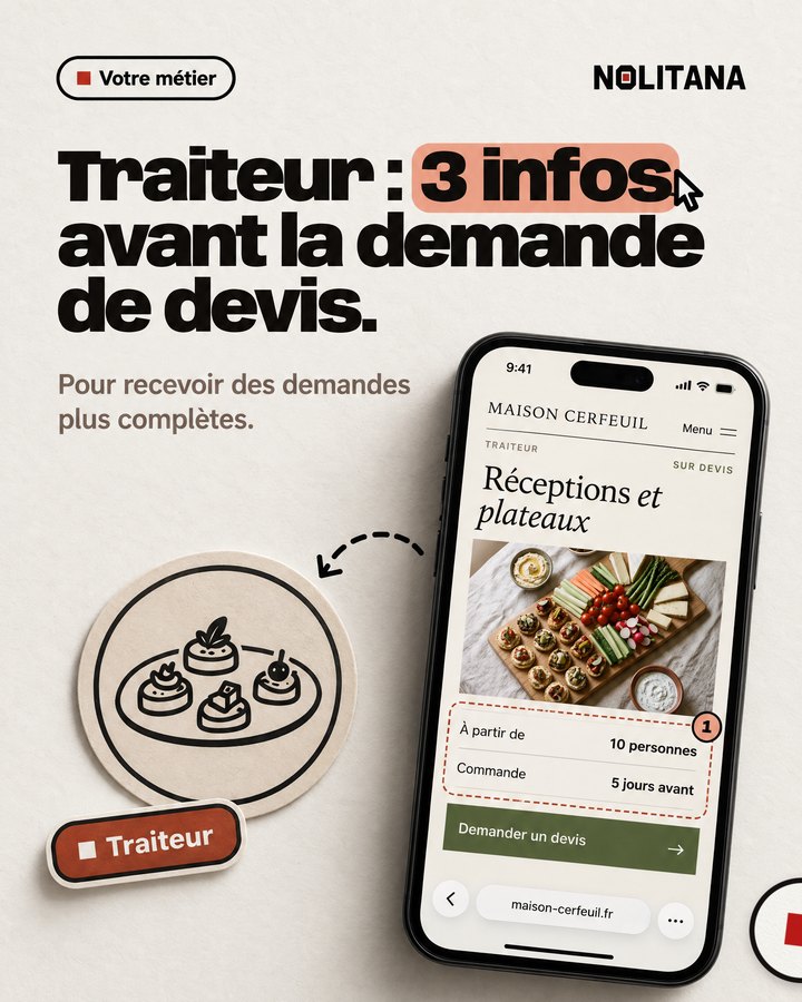 Traiteur : 3 infos avant la demande de devis. Pour recevoir des demandes plus complètes. Un téléphone affiche le site d’un traiteur imaginé pour l’exemple.