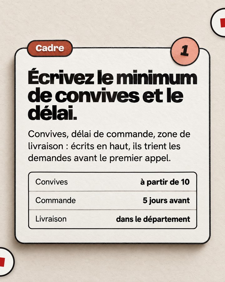 Cadre. Écrivez le minimum de convives et le délai. Convives, délai de commande, zone de livraison : écrits en haut, ils trient les demandes avant le premier appel.