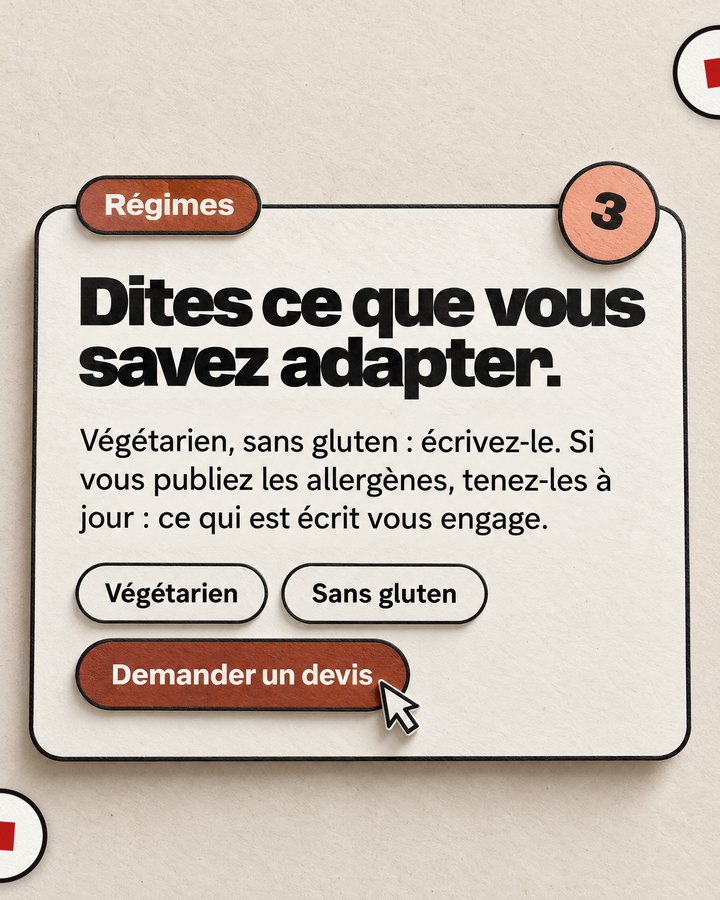 Régimes. Dites ce que vous savez adapter. Végétarien, sans gluten : écrivez-le. Si vous publiez les allergènes, tenez-les à jour : ce qui est écrit vous engage.