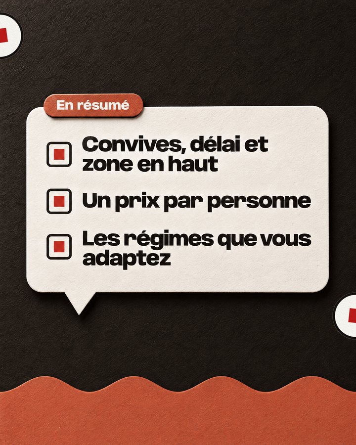 En résumé. Convives, délai et zone en haut. Un prix par personne. Les régimes que vous adaptez.