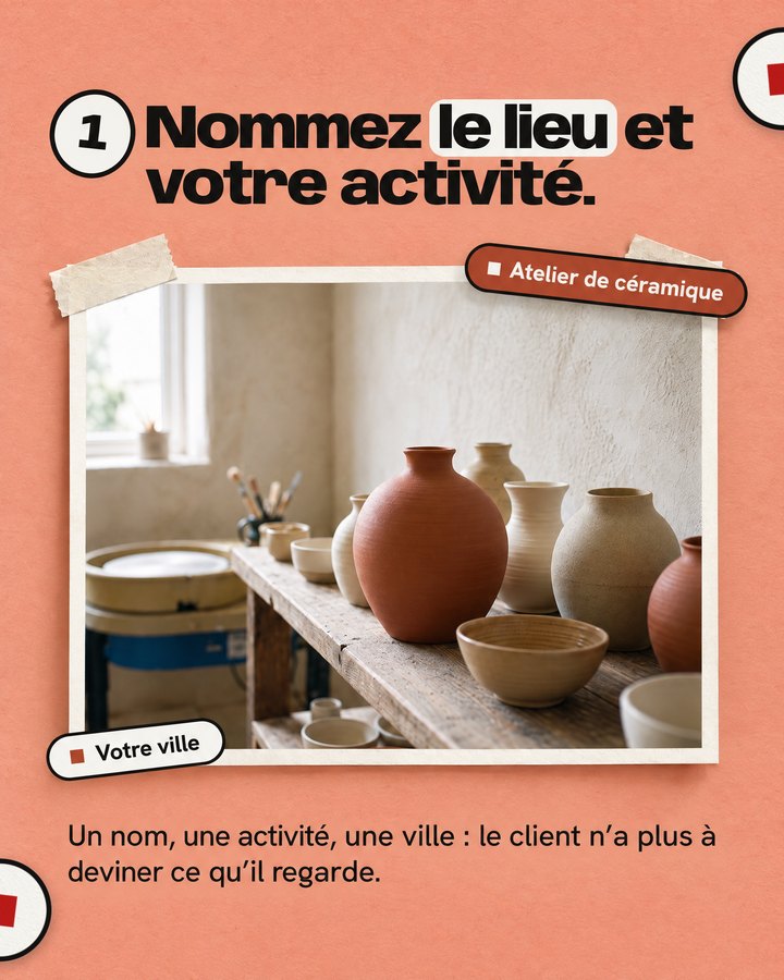 Nommez le lieu et votre activité. Un nom, une activité, une ville : le client n’a plus à deviner ce qu’il regarde. Une étagère d’atelier de céramique, avec un vase et des bols.