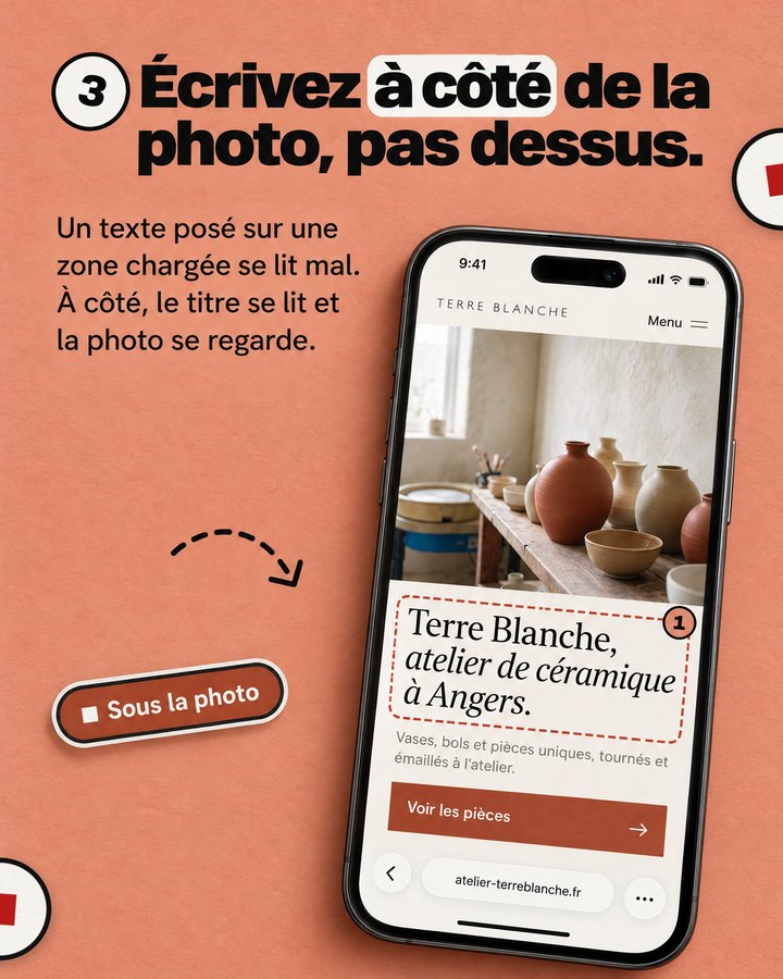Écrivez à côté de la photo, pas dessus. Un texte posé sur une zone chargée se lit mal. À côté, le titre se lit et la photo se regarde. Un téléphone affiche le site d’un atelier de céramique imaginé pour l’exemple.