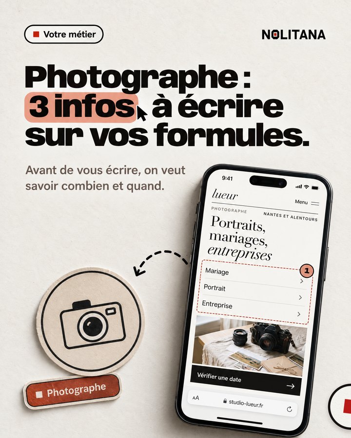 Photographe : 3 infos à écrire sur vos formules. Avant de vous écrire, on veut savoir combien et quand. Un téléphone affiche le site d’un photographe imaginé pour l’exemple.