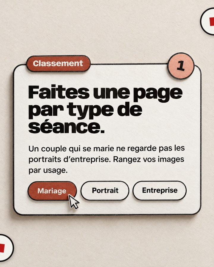 Classement. Faites une page par type de séance. Un couple qui se marie ne regarde pas les portraits d’entreprise. Rangez vos images par usage.