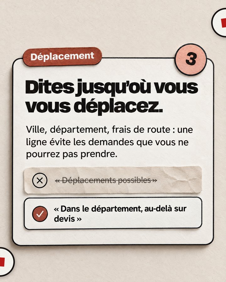 Déplacement. Dites jusqu’où vous vous déplacez. Ville, département, frais de route : une ligne évite les demandes que vous ne pourrez pas prendre. Barré : « Déplacements possibles ». Validé : « Dans le département, au-delà sur devis ».