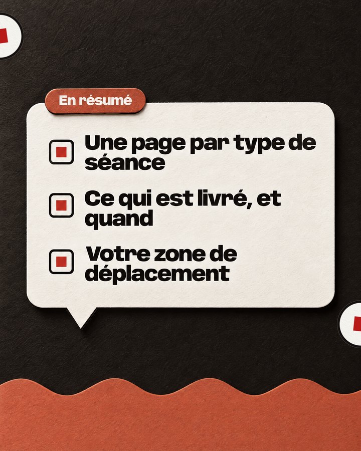 En résumé. Une page par type de séance. Ce qui est livré, et quand. Votre zone de déplacement.