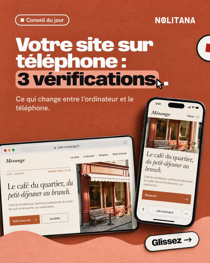 Votre site sur téléphone : 3 vérifications. Ce qui change entre l’ordinateur et le téléphone. Un écran d’ordinateur et un téléphone affichent le site d’un café de quartier imaginé pour l’exemple.