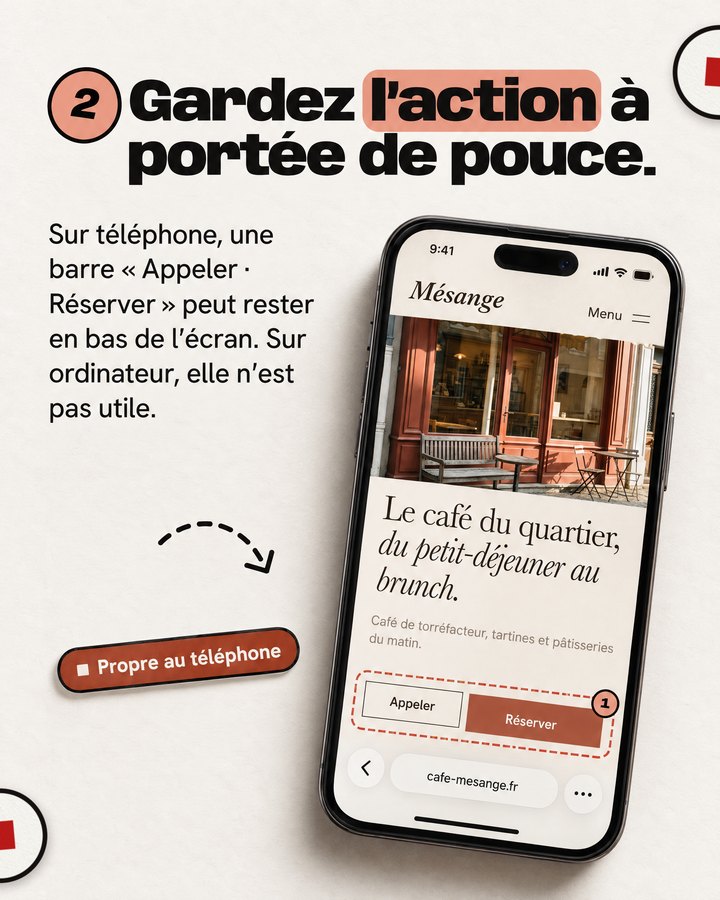 Gardez l’action à portée de pouce. Sur téléphone, une barre « Appeler · Réserver » peut rester en bas de l’écran. Sur ordinateur, elle n’est pas utile. Un téléphone affiche le site d’un café de quartier imaginé pour l’exemple.