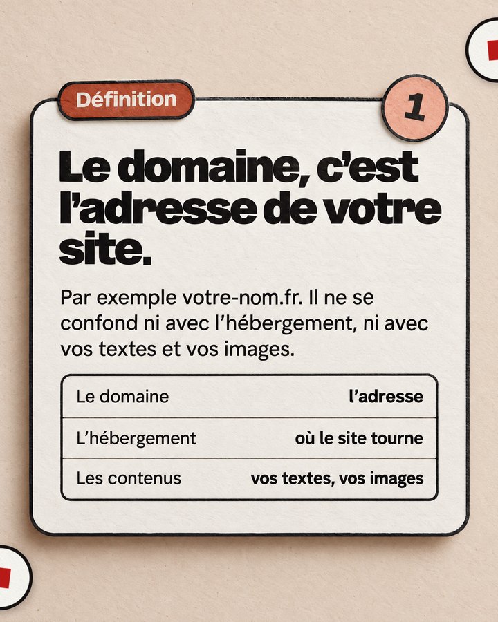 Définition. Le domaine, c’est l’adresse de votre site. Par exemple votre-nom.fr. Il ne se confond ni avec l’hébergement, ni avec vos textes et vos images.