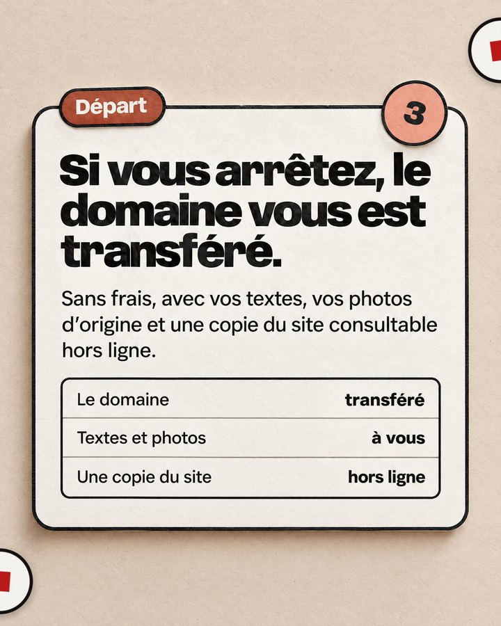 Départ. Si vous arrêtez, le domaine vous est transféré. Sans frais, avec vos textes, vos photos d’origine et une copie du site consultable hors ligne.