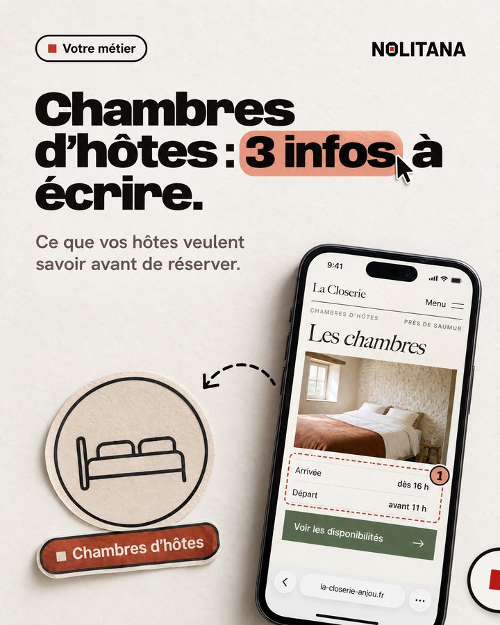 Chambres d’hôtes : 3 infos à écrire. Ce que vos hôtes veulent savoir avant de réserver. Un téléphone affiche le site d’une maison d’hôtes imaginée pour l’exemple.