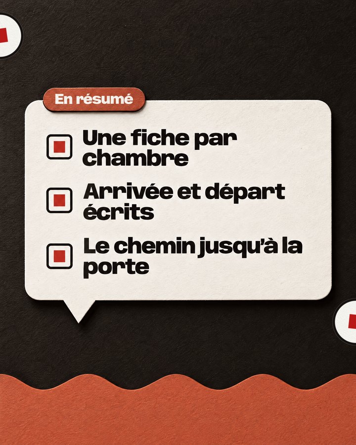 En résumé. Une fiche par chambre. Arrivée et départ écrits. Le chemin jusqu’à la porte.