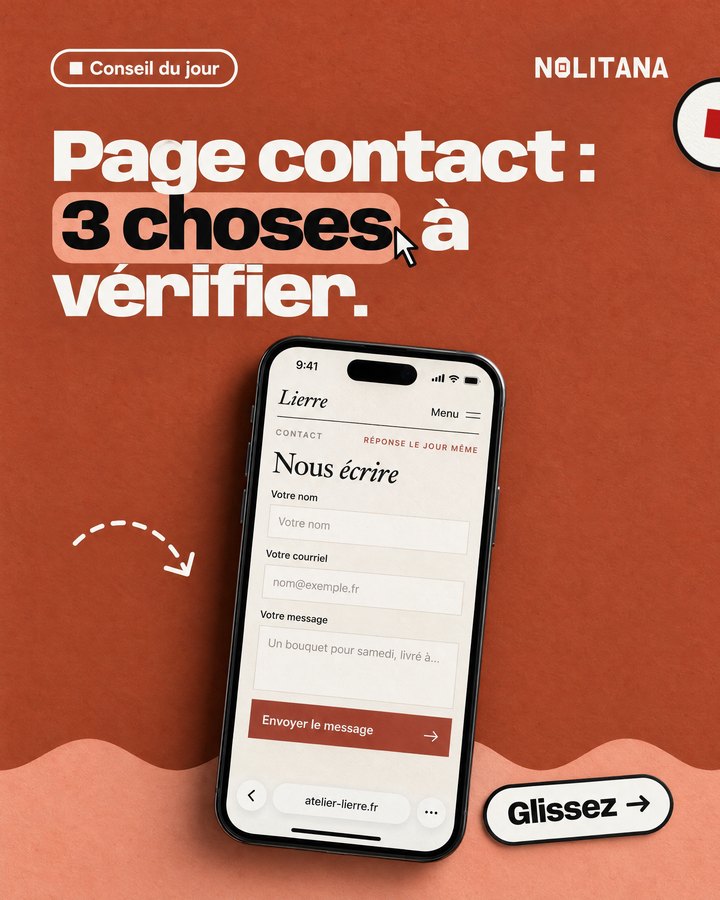 Page contact : 3 choses à vérifier. Un téléphone affiche le site d’un fleuriste imaginé pour l’exemple.