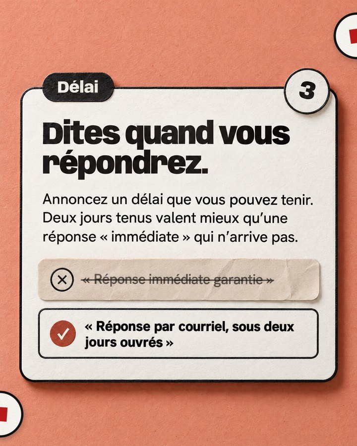 Délai. Dites quand vous répondrez. Annoncez un délai que vous pouvez tenir. Deux jours tenus valent mieux qu’une réponse « immédiate » qui n’arrive pas. Barré : « Réponse immédiate garantie ». Validé : « Réponse par courriel, sous deux jours ouvrés ».