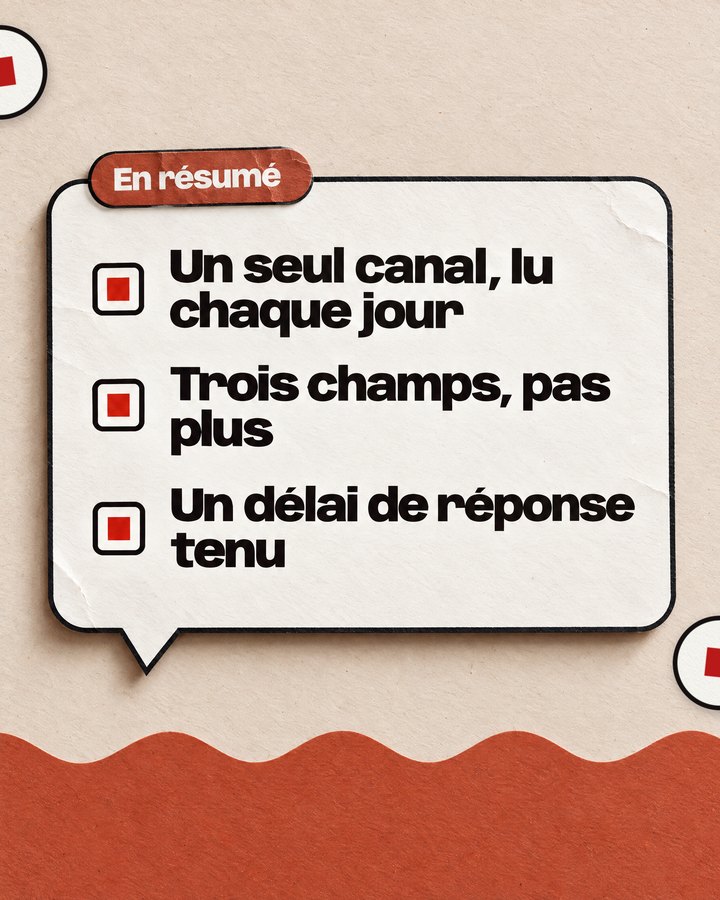 En résumé. Un seul canal, lu chaque jour. Trois champs, pas plus. Un délai de réponse tenu.