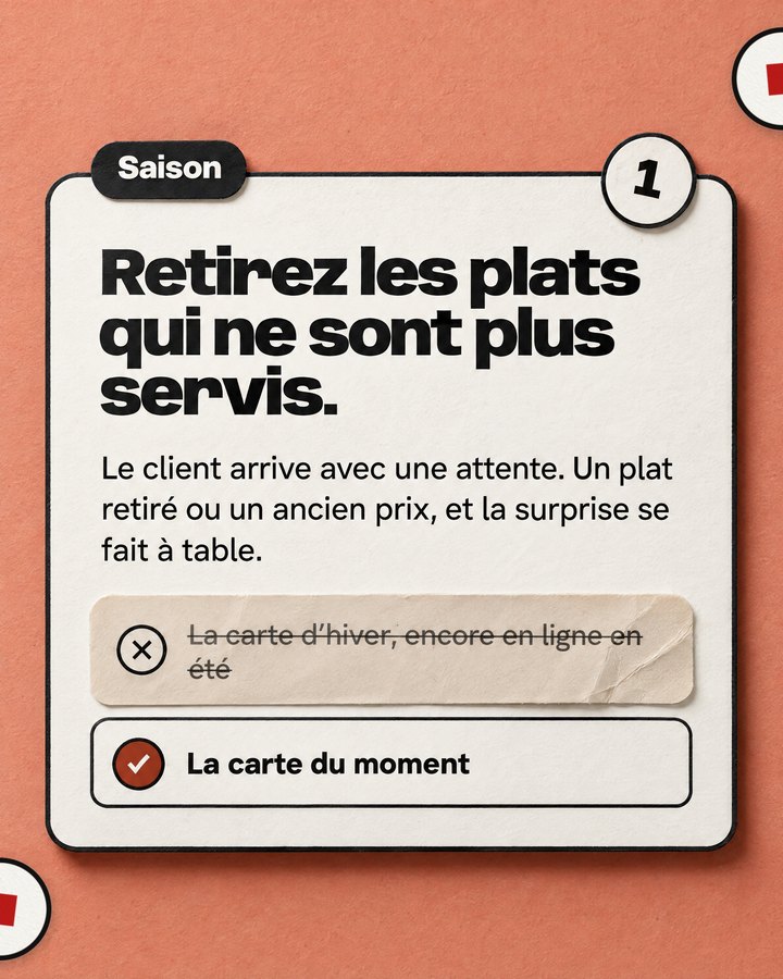 Saison. Retirez les plats qui ne sont plus servis. Le client arrive avec une attente. Un plat retiré ou un ancien prix, et la surprise se fait à table. Barré : « La carte d’hiver, encore en ligne en été ». Validé : « La carte du moment ».