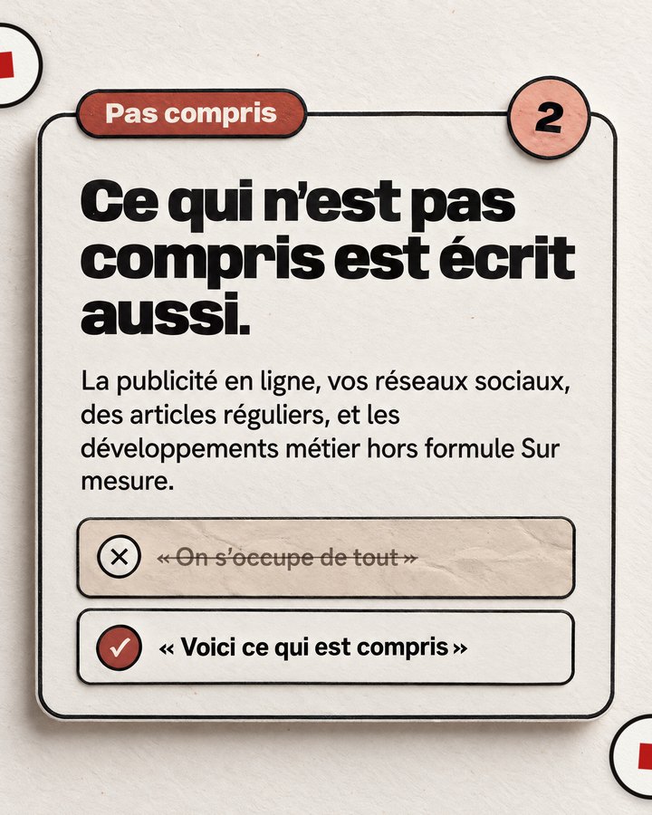 Pas compris. Ce qui n’est pas compris est écrit aussi. La publicité en ligne, vos réseaux sociaux, des articles réguliers, et les développements métier hors formule Sur mesure. Barré : « On s’occupe de tout ». Validé : « Voici ce qui est compris ».