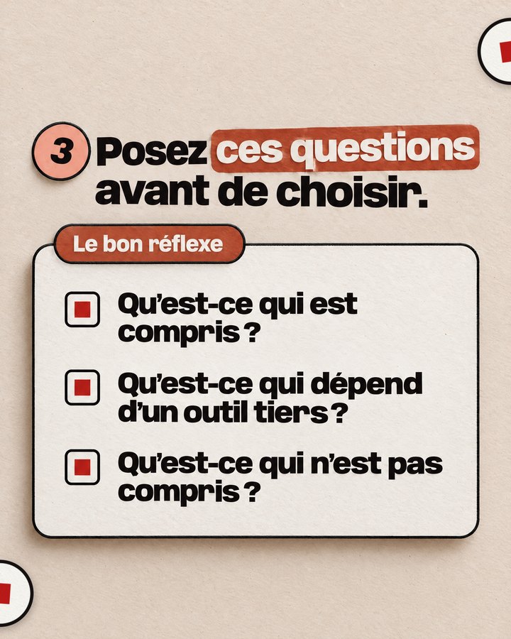 Posez ces questions avant de choisir. Le bon réflexe. Qu’est-ce qui est compris ? Qu’est-ce qui dépend d’un outil tiers ? Qu’est-ce qui n’est pas compris ?
