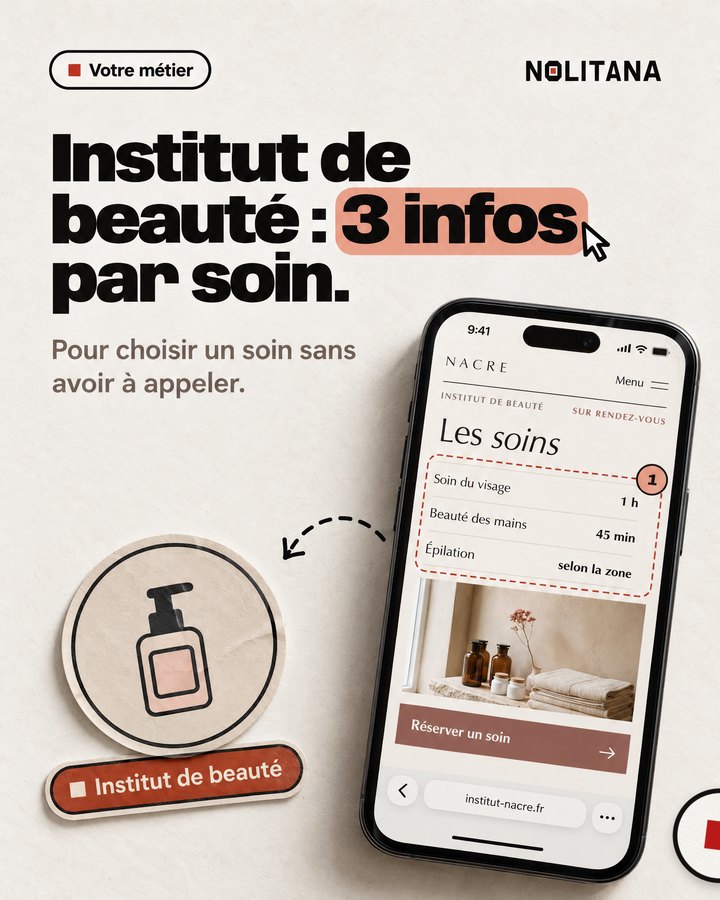 Institut de beauté : 3 infos par soin. Pour choisir un soin sans avoir à appeler. Un téléphone affiche le site d’un institut de beauté imaginé pour l’exemple.